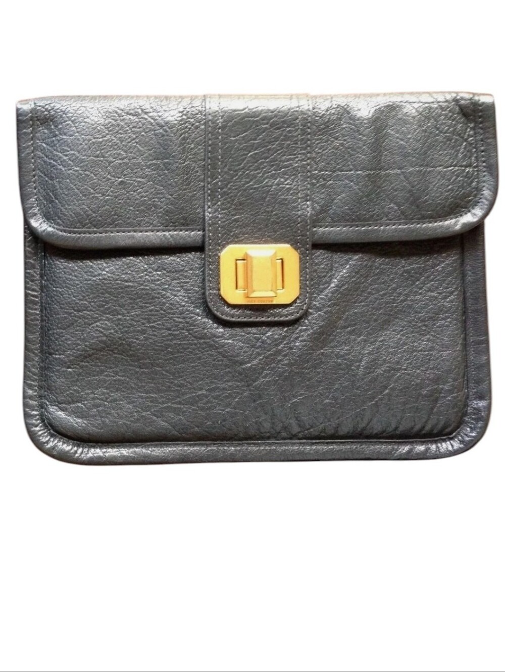 Black Leather Envelope Clutch with Gold Buckle